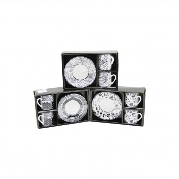 NEWLİFE CLKN-2373 ( SİYAH & BEYAZ ) ( 4PCS=2-TAKIM ) PORSELEN KAHVE FİNCANI ( ÇİÇEK & ÇİZGİ & NOKTA MİX DESEN )*36