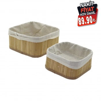 PABLITO HOME PBT-050 ( 2Lİ ) ( KARE ) ( BAMBU KENAR ) ORGANİZER SEPET (AHŞAP ALTLIK & BEZLİ) (21X21X10CM & 17X17X8CM)*60                     qwe3