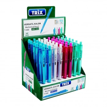 TRİX T-490 ( 2B/0.7MM ) VERSATİL UÇLU KALEM RENKLİ ( ŞEFFAF GÖVDE & KISA SİLGİ )*48X30