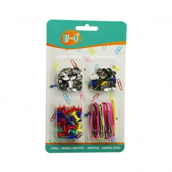 U-4  U4-1013 ( 4LÜ ) OFİS OKUL SETİ ( ATAŞ & RAPTİYE & PANO İĞNESİ=HARİTA ÇİVİSİ ) KIRTASİYE SETİ*12X24