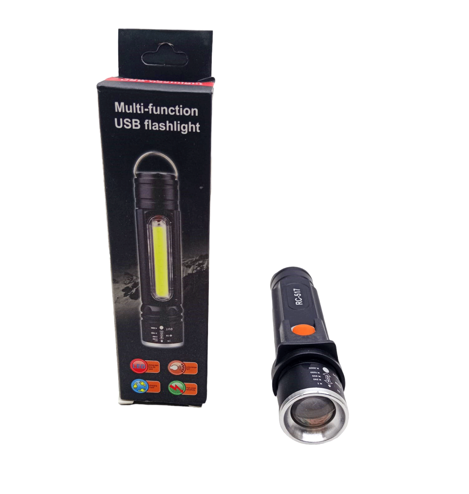 RANCHİ MULTİ-FUNCTİON RC-517 ZOOMLU USB ŞARJLI EL FENERİ METAL KASA*240