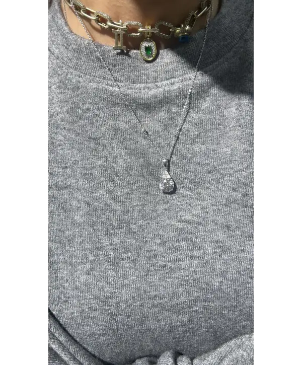 925 Ayar Gümüş Damla Model Mozanit Taşlı Kolye