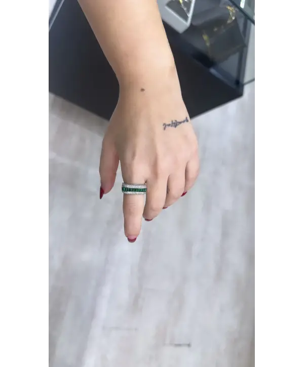 925 Ayar Gümüş Baget Yeşil Taşlı Ayarlanabilir Yüzük