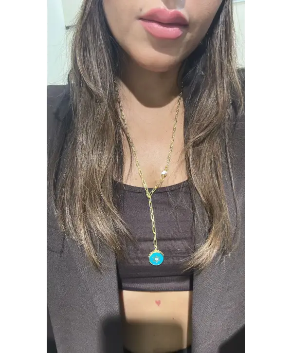 925 Ayar Gümüş Mavi  Mineli Sallantılı Gold Kolye