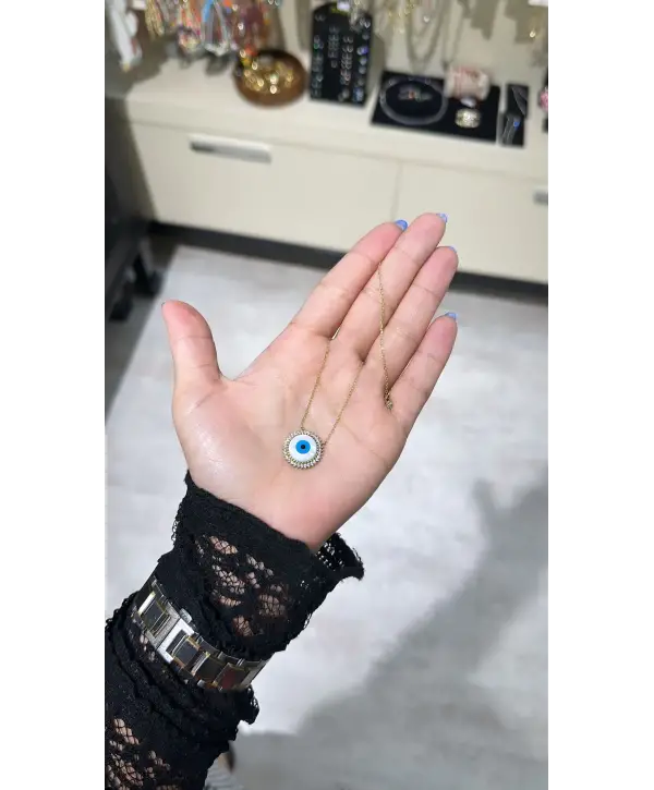 925 Ayar Gümüş Sedefli Göz Model Gold Kolye