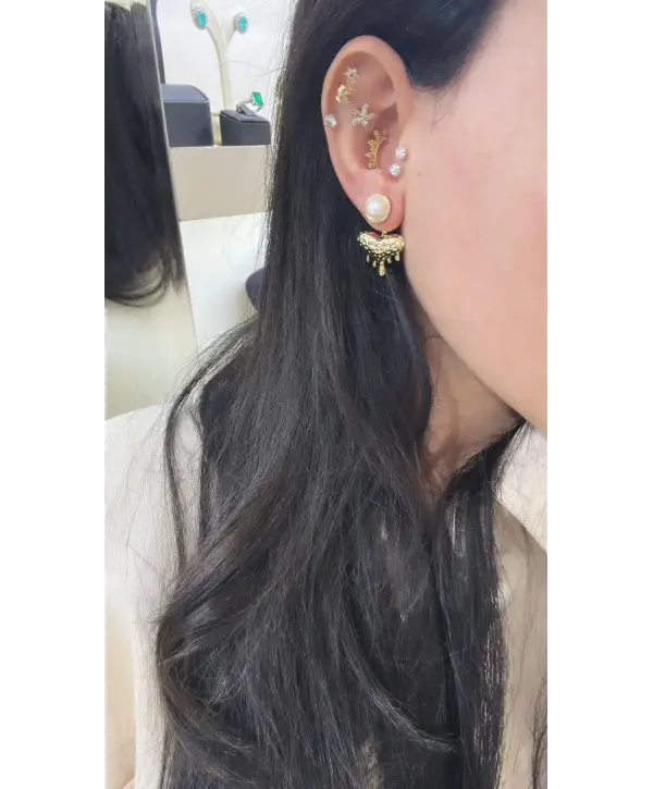 925 Ayar Gümüş Dövmeli Kalp Özel Seri İncili Küpe