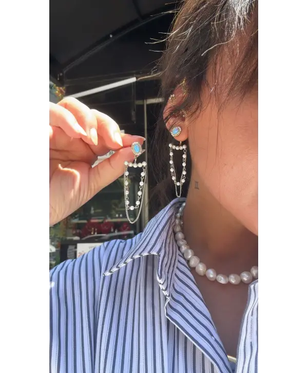 925 Ayar Gümüş Sallantılı İnci Detay Opal Taş Çivili Küpe