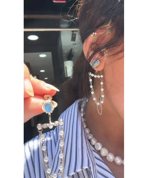 925 Ayar Gümüş Sallantılı İnci Detay Opal Taş Çivili Küpe