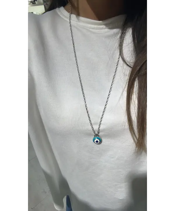 925 Ayar Gümüş Çift Taraflı Nazar Mineli Marka Kolye