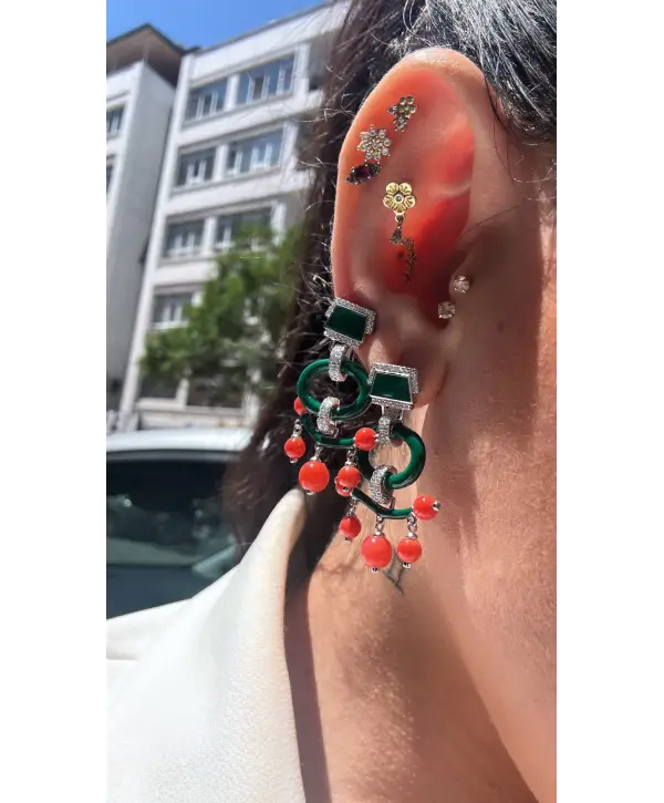 925 Ayar Gümüş Mineli Renkli Taş Küpe