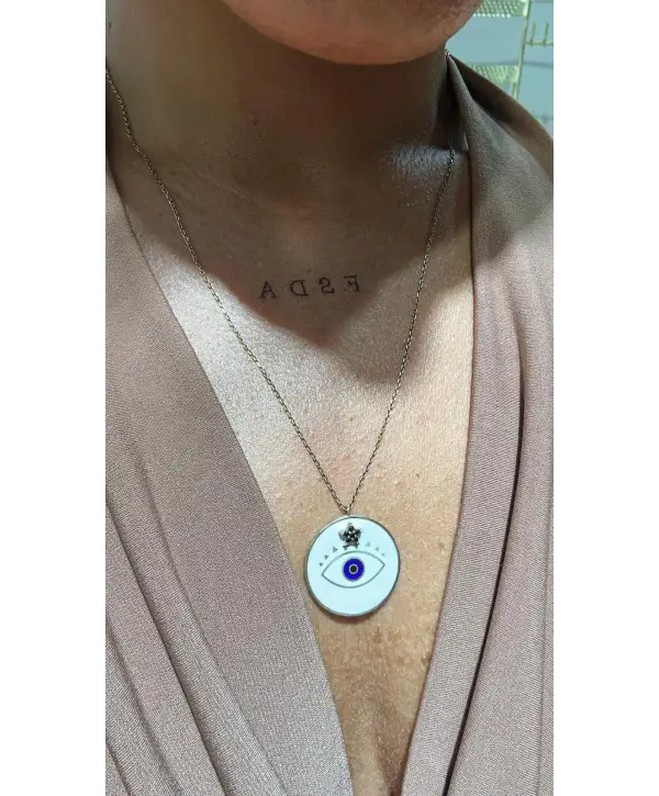 925 Ayar Gümüş Beyaz Mineli Göz Model Kolye