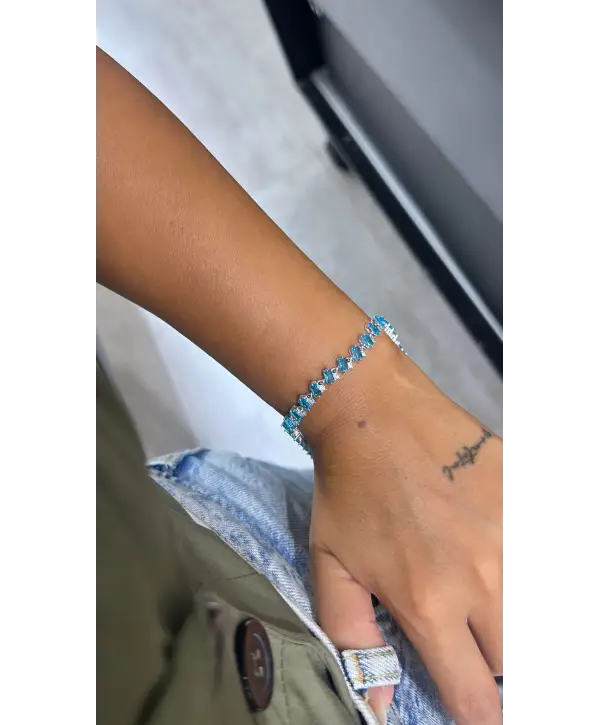 925 Ayar Gümüş Akuamarin Taşlı Kare Baget Sırataş Bileklik