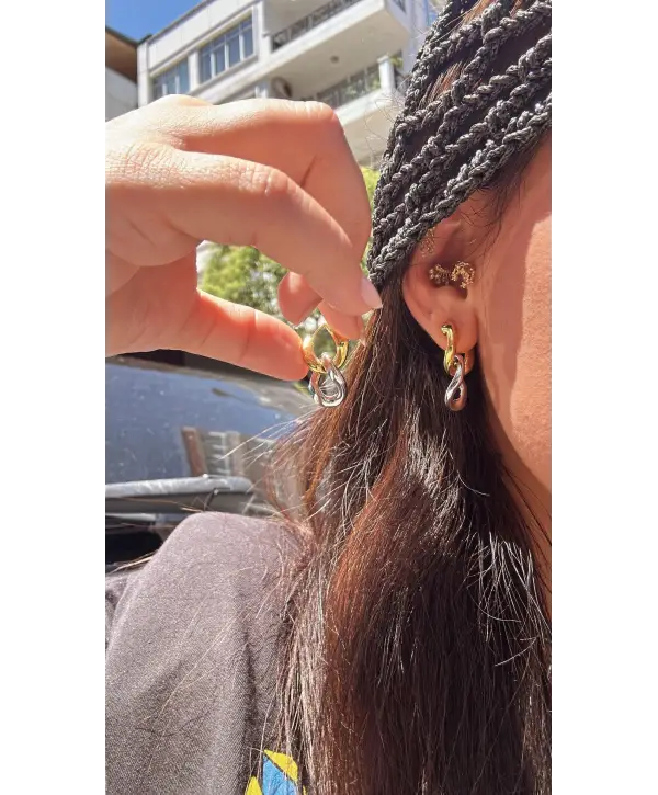 925 Ayar Gümüş İthal Marka İki Renk İç İçe Halka Küpe