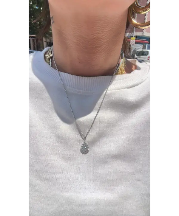 925 Ayar Gümüş İthal Marka Damla Taşlı Silver Kolye