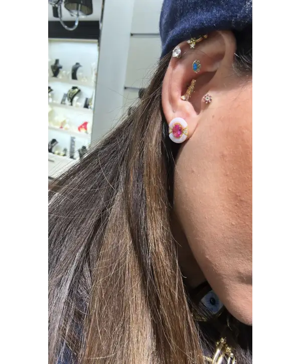 925 Ayar Gümüş İthal Pink Kuvars Taşlı Vidalı Küpe