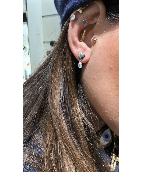 925 Ayar Gümüş İthal Kalp Taş Sallantılı Vidalı Küpe