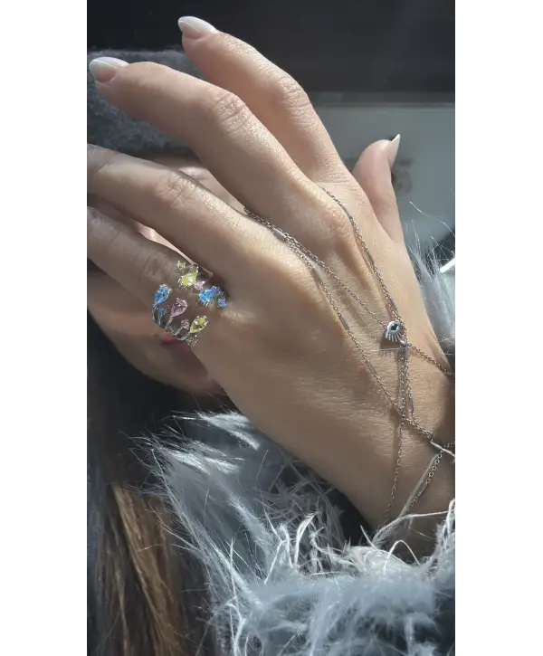 925 Ayar Gümüş Renkli Baget Taşlı Üst Ayarlanabilir Yüzük