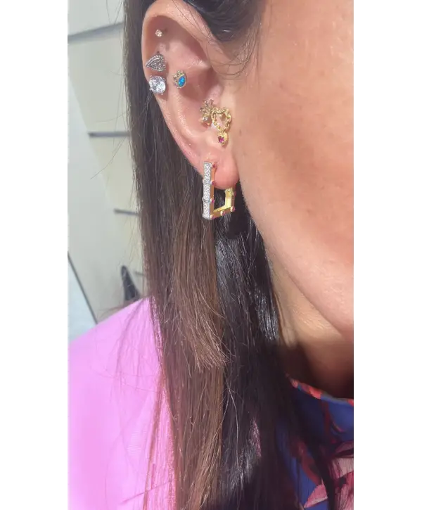 925 Ayar Gümüş Kare Büyük Kenarı Renkli Taşlı Küpe