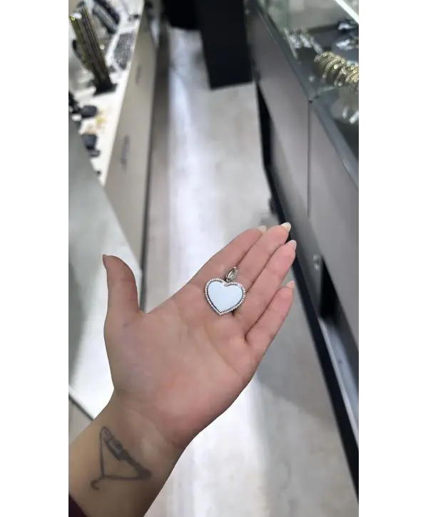 925 Ayar Gümüş Beyaz Mineli Kalpli Kolye Uç