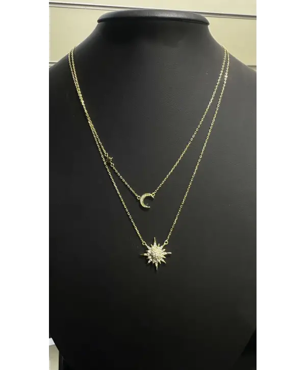 925 Ayar Gümüş Güneş Ay Yıldız İkili Kolye