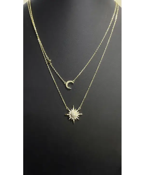 925 Ayar Gümüş Güneş Ay Yıldız İkili Kolye