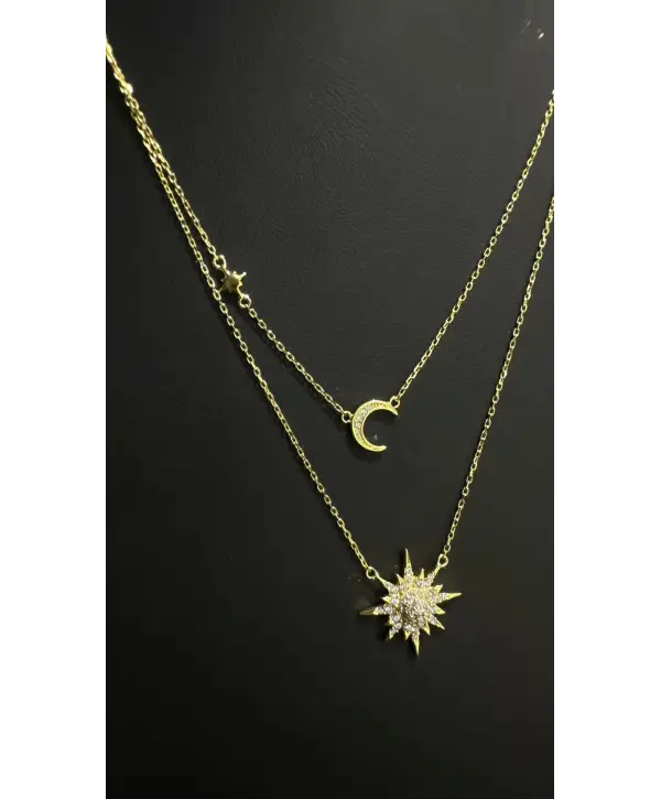925 Ayar Gümüş Güneş Ay Yıldız İkili Kolye