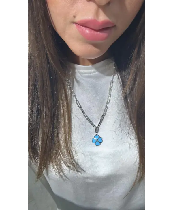 925 Ayar Gümüş Silver  Mavi Mineli Kalp Yonca Kolye