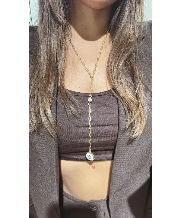 925 Ayar Gümüş Beyaz Mineli Sallantılı Gold Kolye