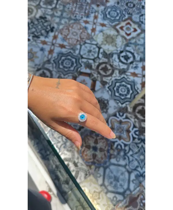 925 Ayar Gümüş Mavi Boncuk Taşlı Küçük Taş Geçişli Silver Yüzük