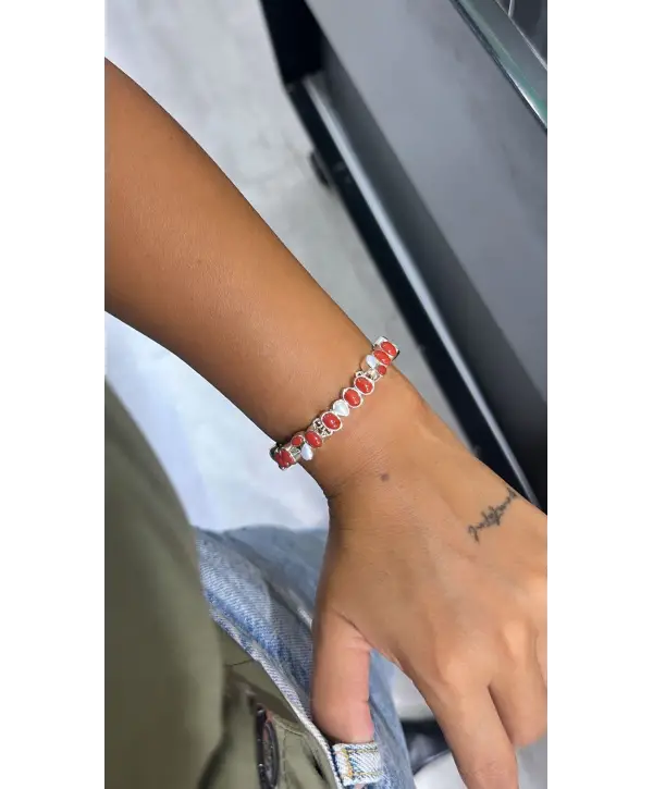 925 Ayar Gümüş Mercan Taşlı İnci Detay Bileklik