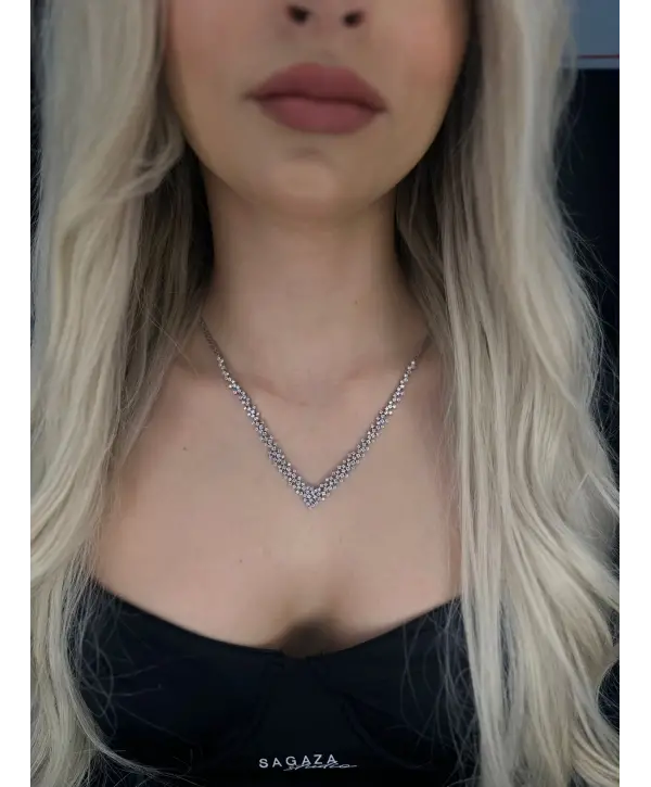 925 Ayar Gümüş Mücevher Tasarım Taşlı V Kolye