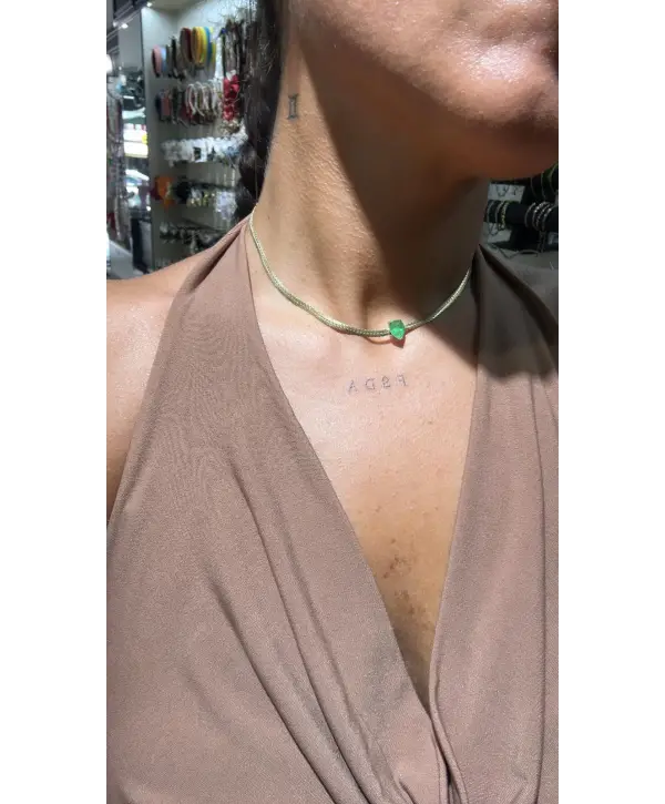 925 Ayar Gümüş Paraiba Damla Taş Detay Yassı Zincir Kolye