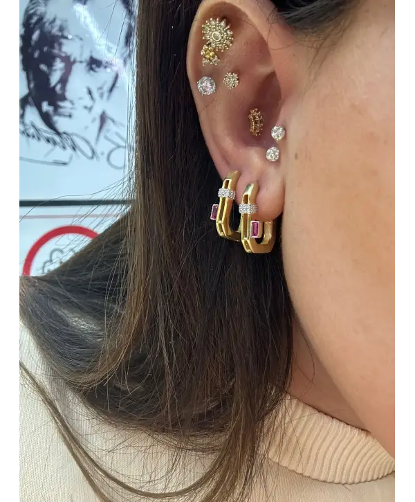 925 Ayar Gümüş Kare Kenarı Renkli Taşlı Trend Küpe