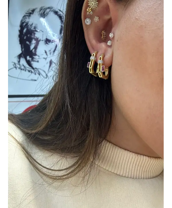 925 Ayar Gümüş Kare Kenarı Renkli Taşlı Trend Küpe