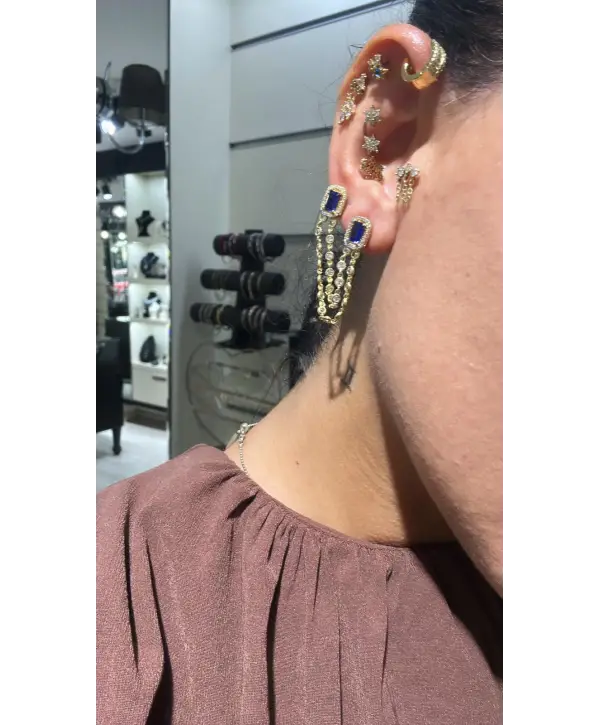 925 Ayar Gümüş Safir Renkli Taş Detay İkili Takmalı Küpe