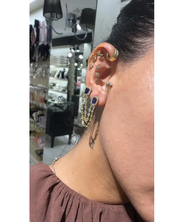 925 Ayar Gümüş Safir Renkli Taş Detay İkili Takmalı Küpe