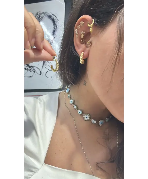 925 Ayar Gümüş Örgü Desenli Çivili Gold Küpe