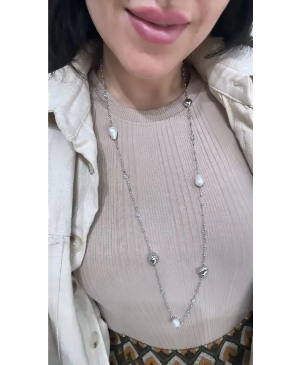 925 Ayar Gümüş Barok İncili Top Top Zincirli Kolye