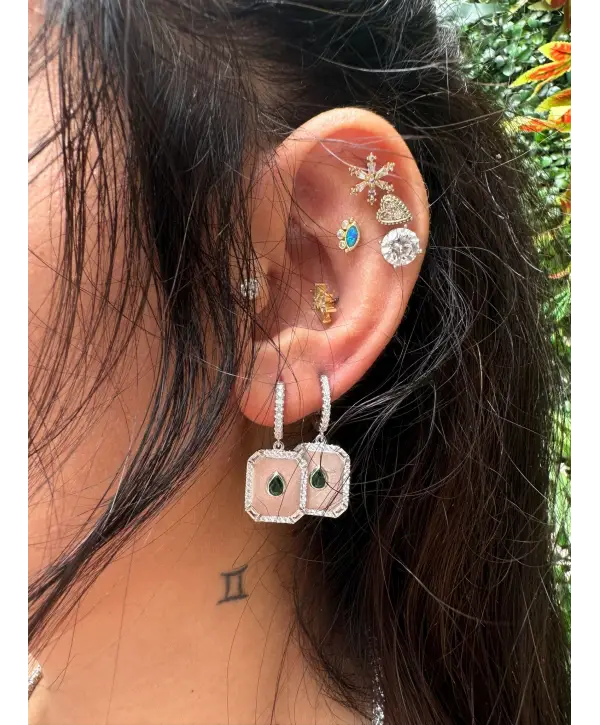 925 Ayar Gümüş İçi Yeşil Taşlı Sade Küpe