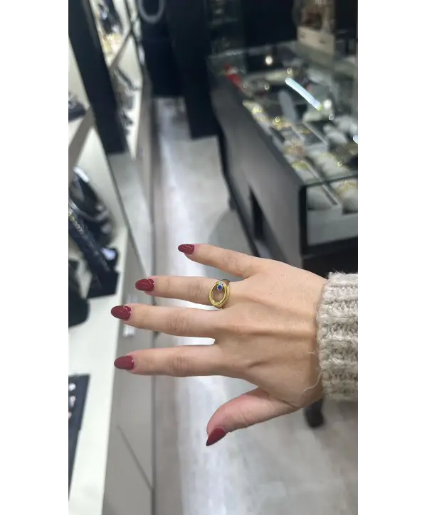 925 Ayar Gümüş Gold Renk Oval Ayarlamalı Yüzük