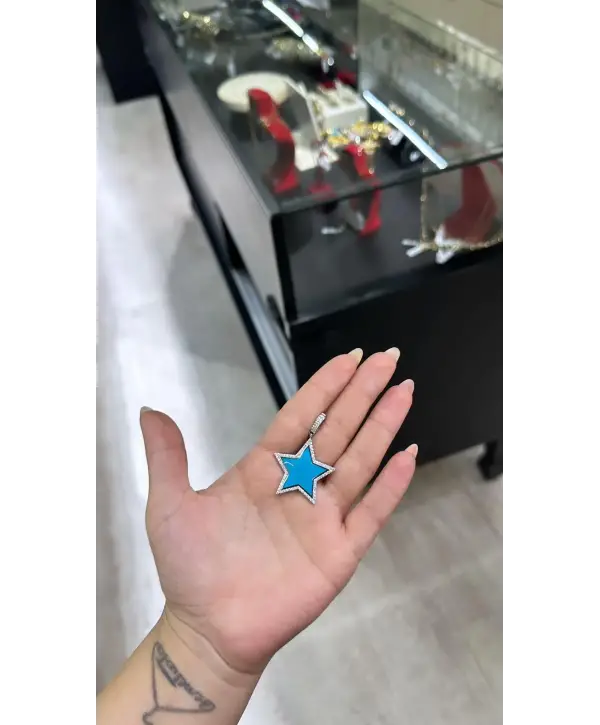 925 Ayar Gümüş Mavi Mineli Yıldızlı Kolye Uç