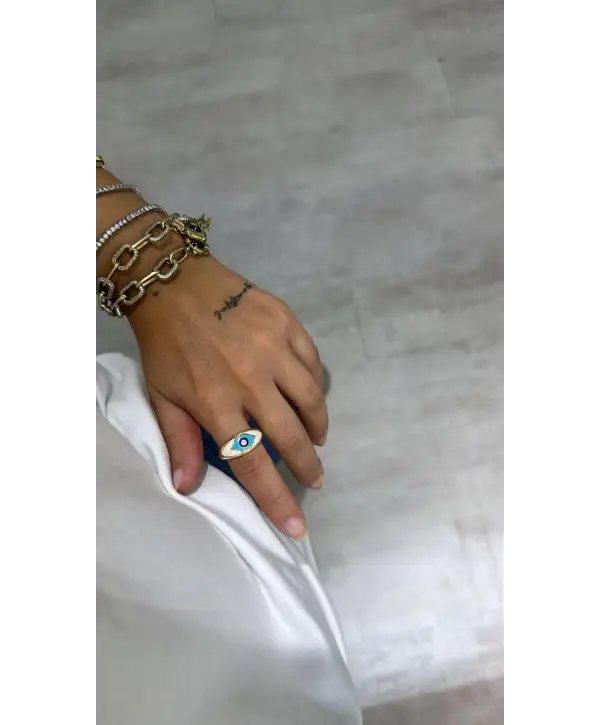 925 Ayar Gümüş Gold Beyaz Mavi Mineli Marka Yüzük