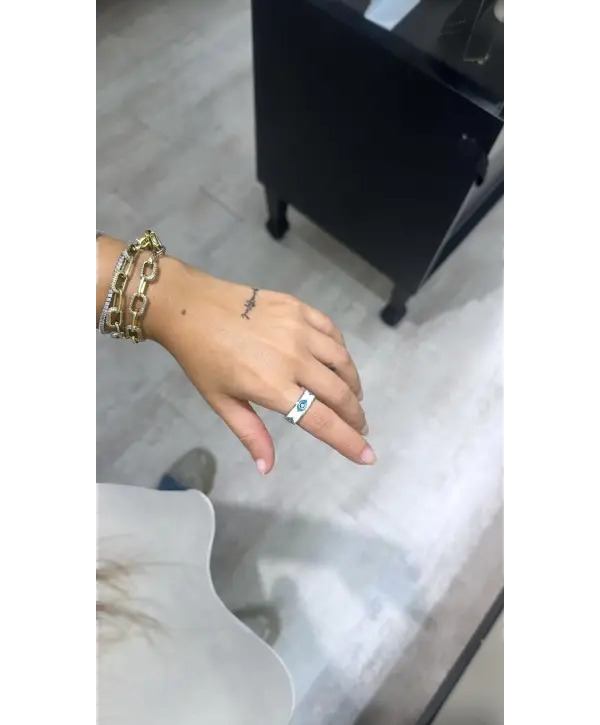 925 Ayar Gümüş Silver Beyaz Mavi Göz Mineli Marka Yüzük