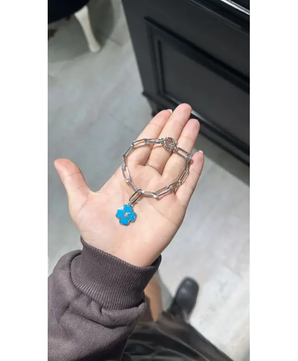 925 Ayar Gümüş Silver Orjinal Marka Mavi Yonca Uç Bileklik