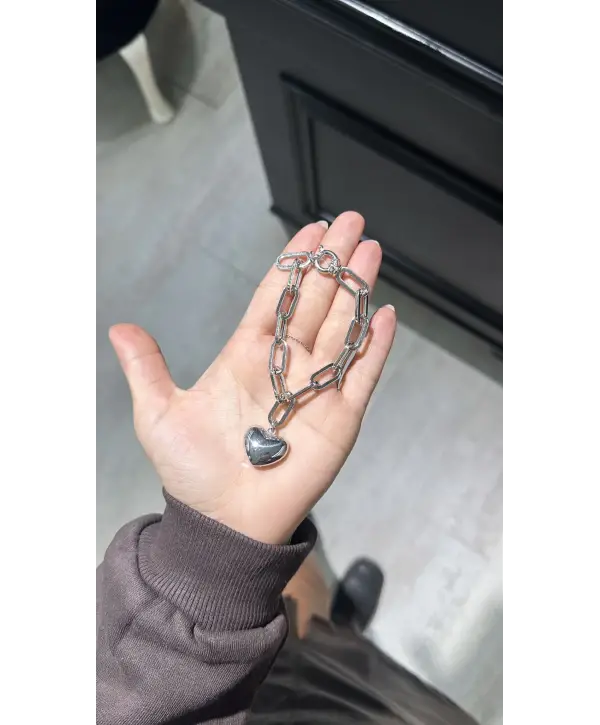 925 Ayar Gümüş Silver Orjinal Marka Kalp Sallantılı Bileklik