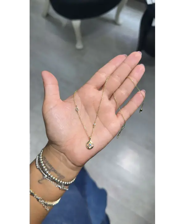 925 Ayar Gümüş Damla Model Mavi Taş Detay Gold Kolye