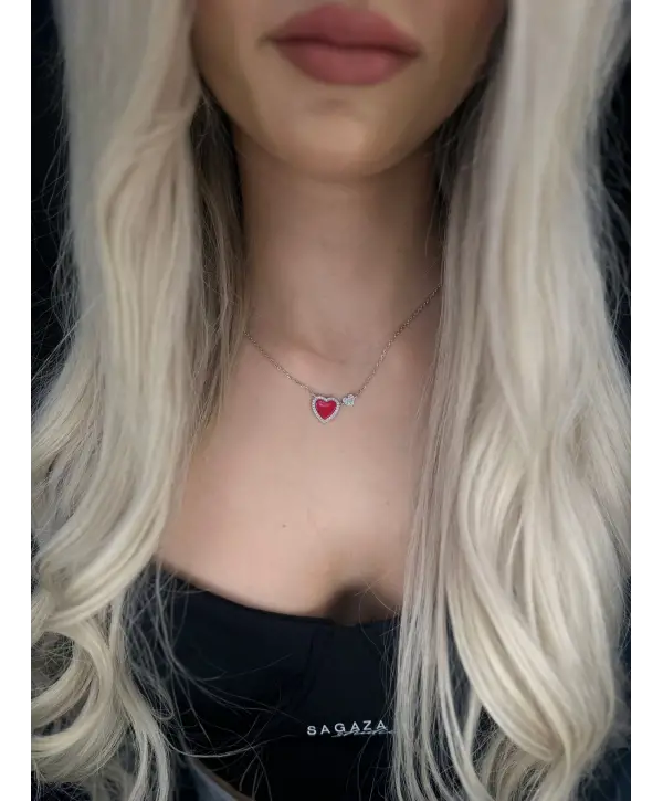 925 Ayar Gümüş Kırmızı Kalpli Kolye
