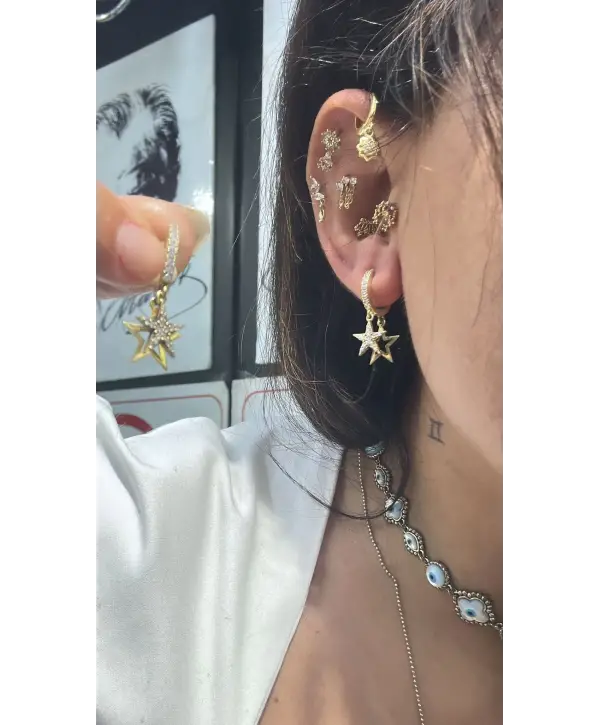 925 Ayar Gümüş Çoklu Yıldız Sallantılı Gold Küpe