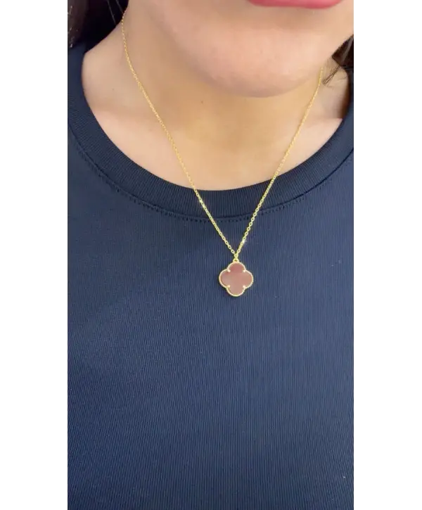 925 Ayar Gümüş Bordo Renk Yonca Gold Kolye