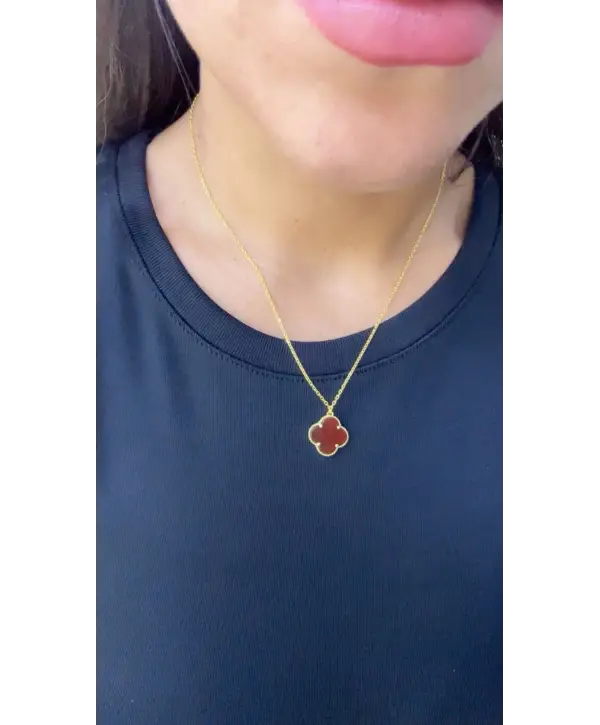 925 Ayar Gümüş Bordo Renk Yonca Gold Kolye